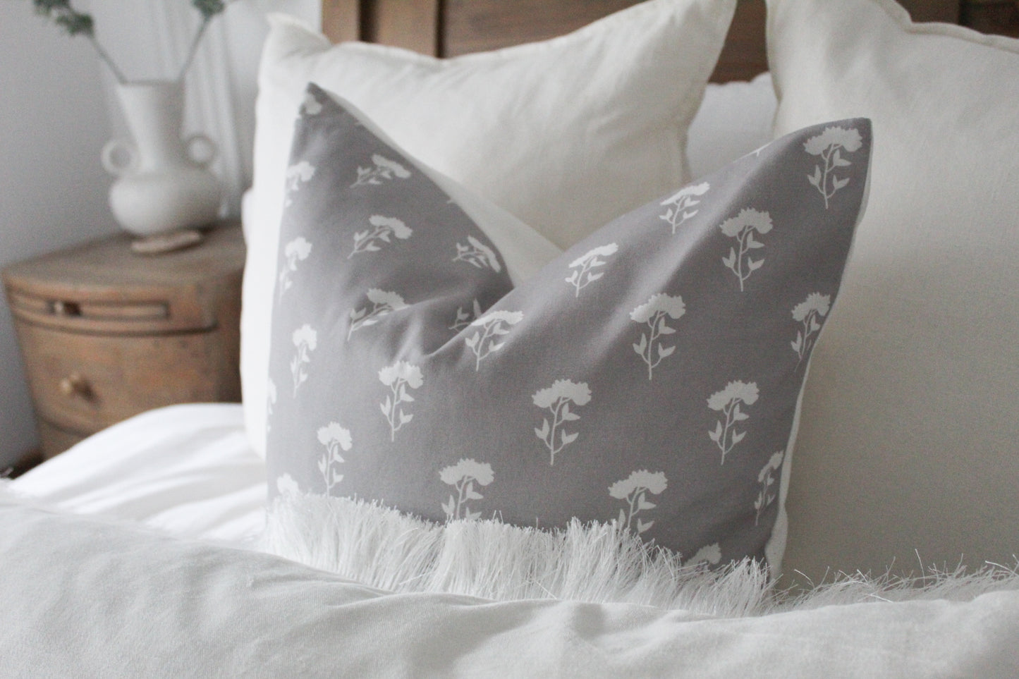 Grey and white floral print cotton cushion 45x45cm