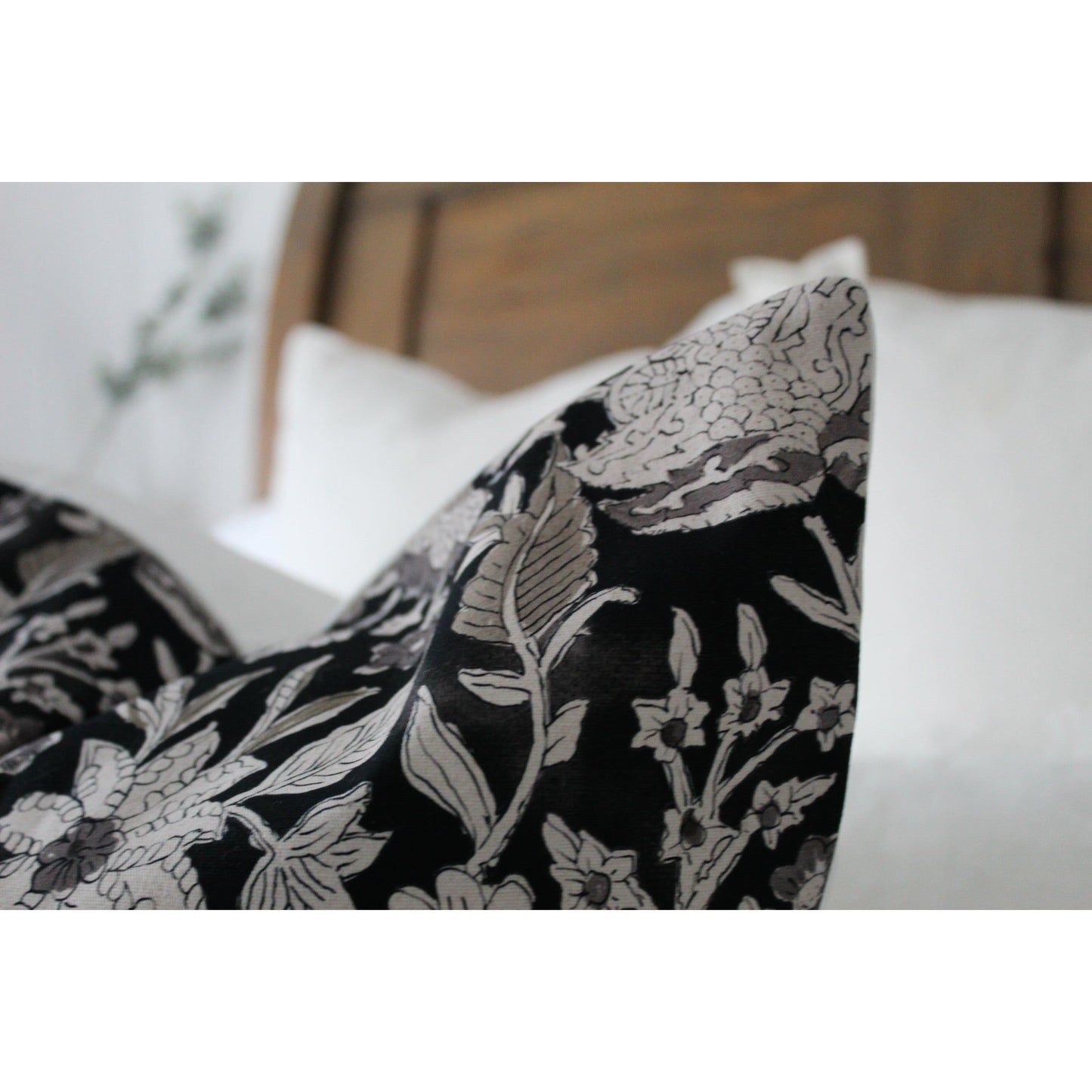 Black and green floral cotton cushion 45 x 45cm