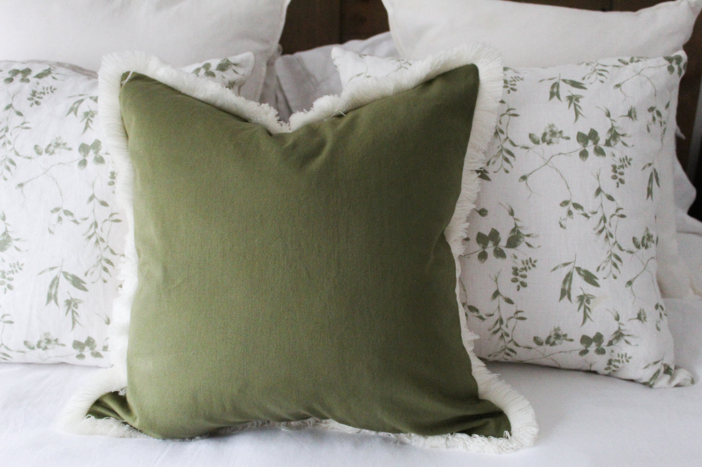 Olive cream fringe trim cotton cushion 45 x 45cm
