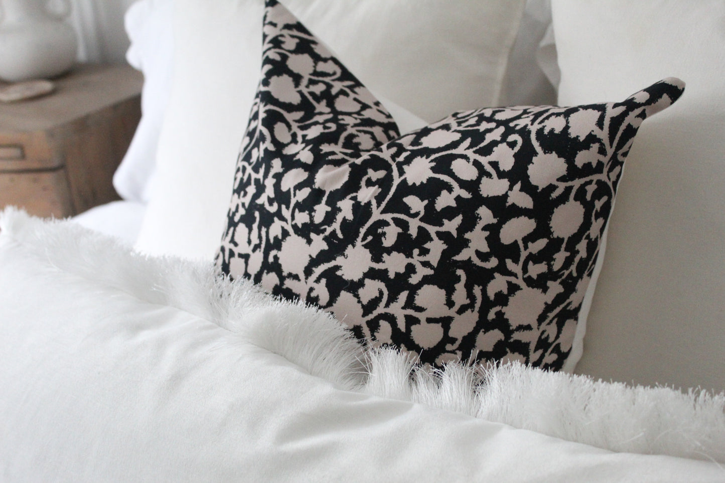 Black floral patterned cotton cushion 45 x 45cm