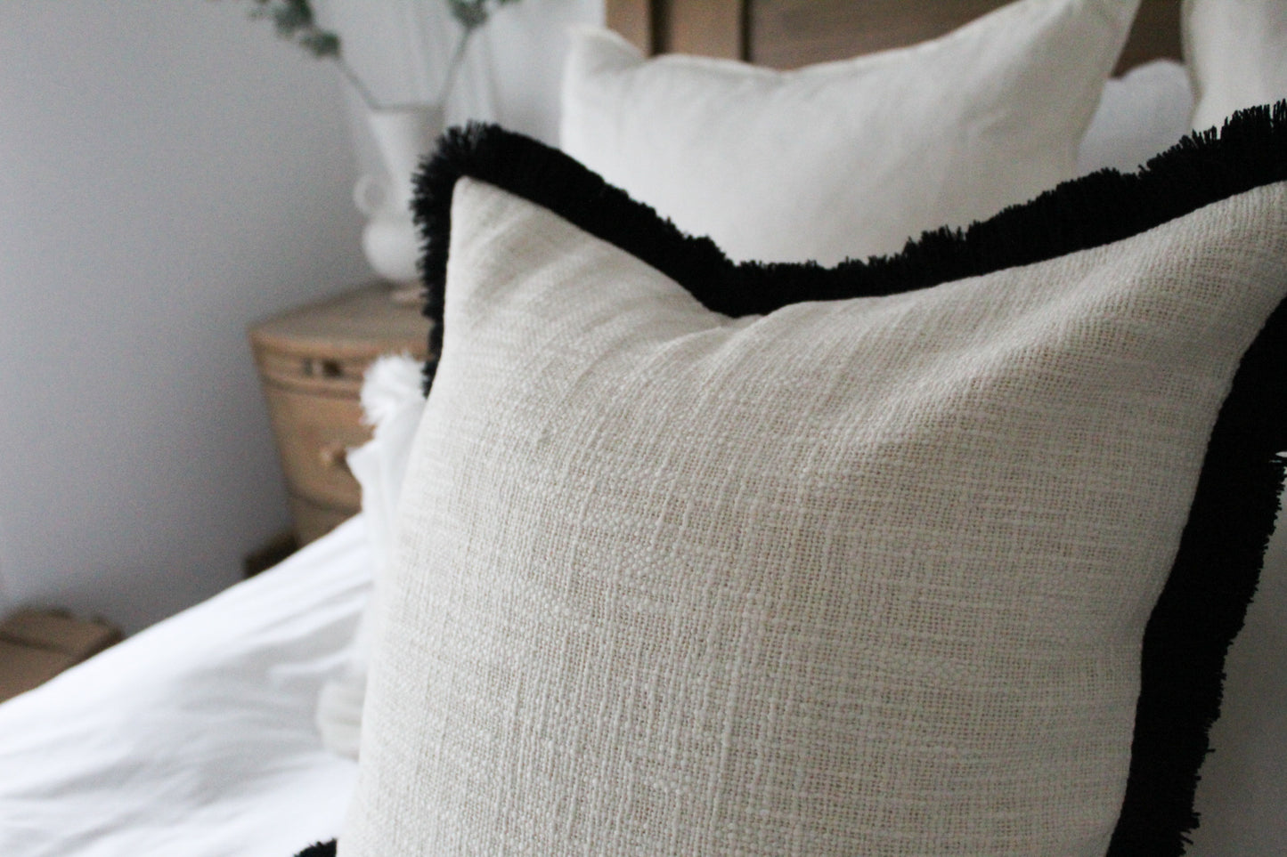 Beige and Black Fringe cotton cushion with duck feather insert 45x45cm
