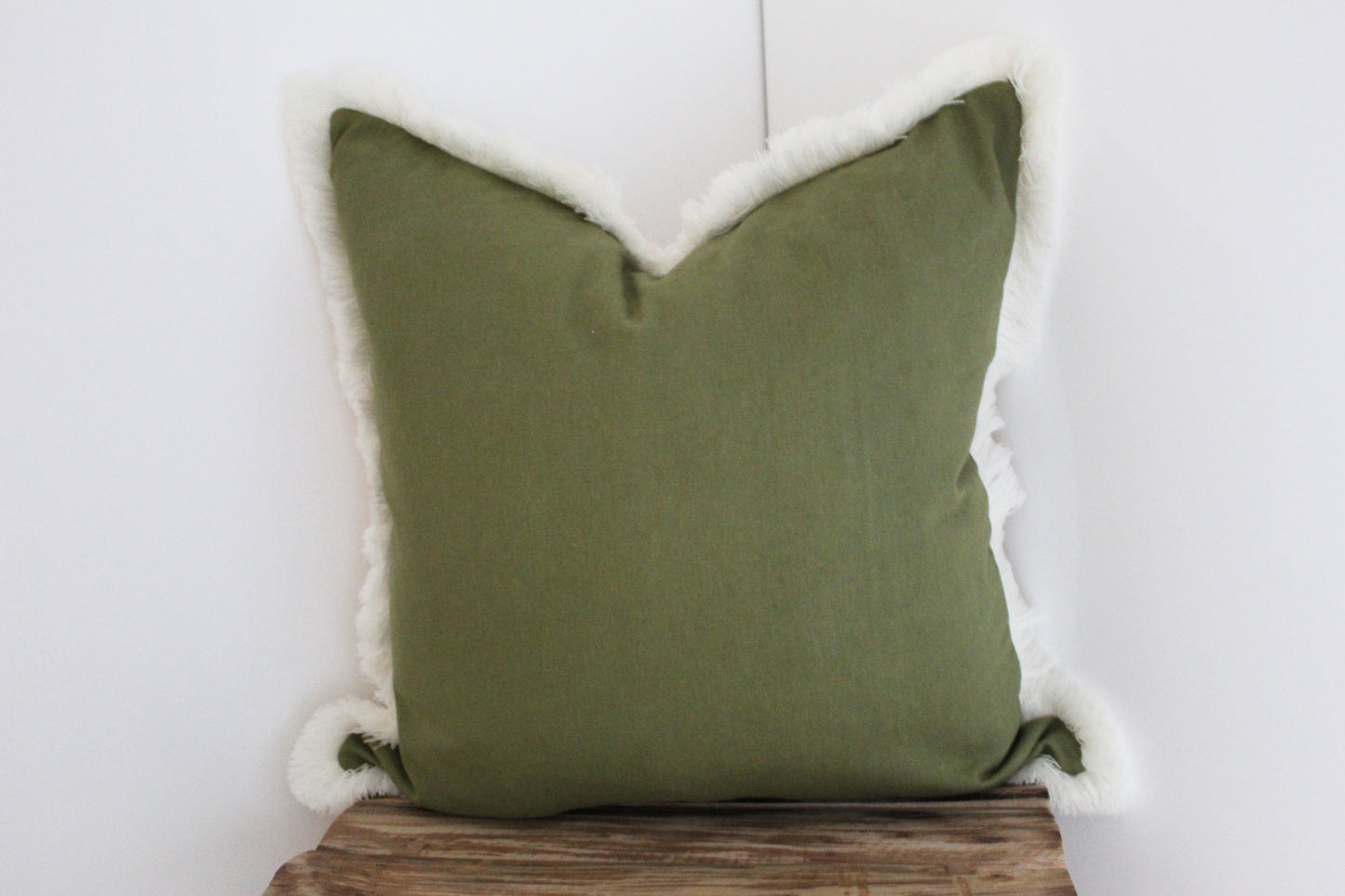 Olive cream fringe trim cotton cushion 45 x 45cm