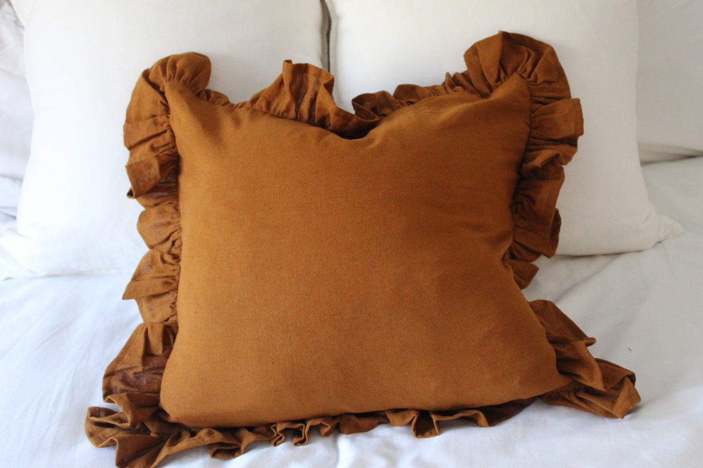 Terracotta ruffle linen cushion 45 x 45cm