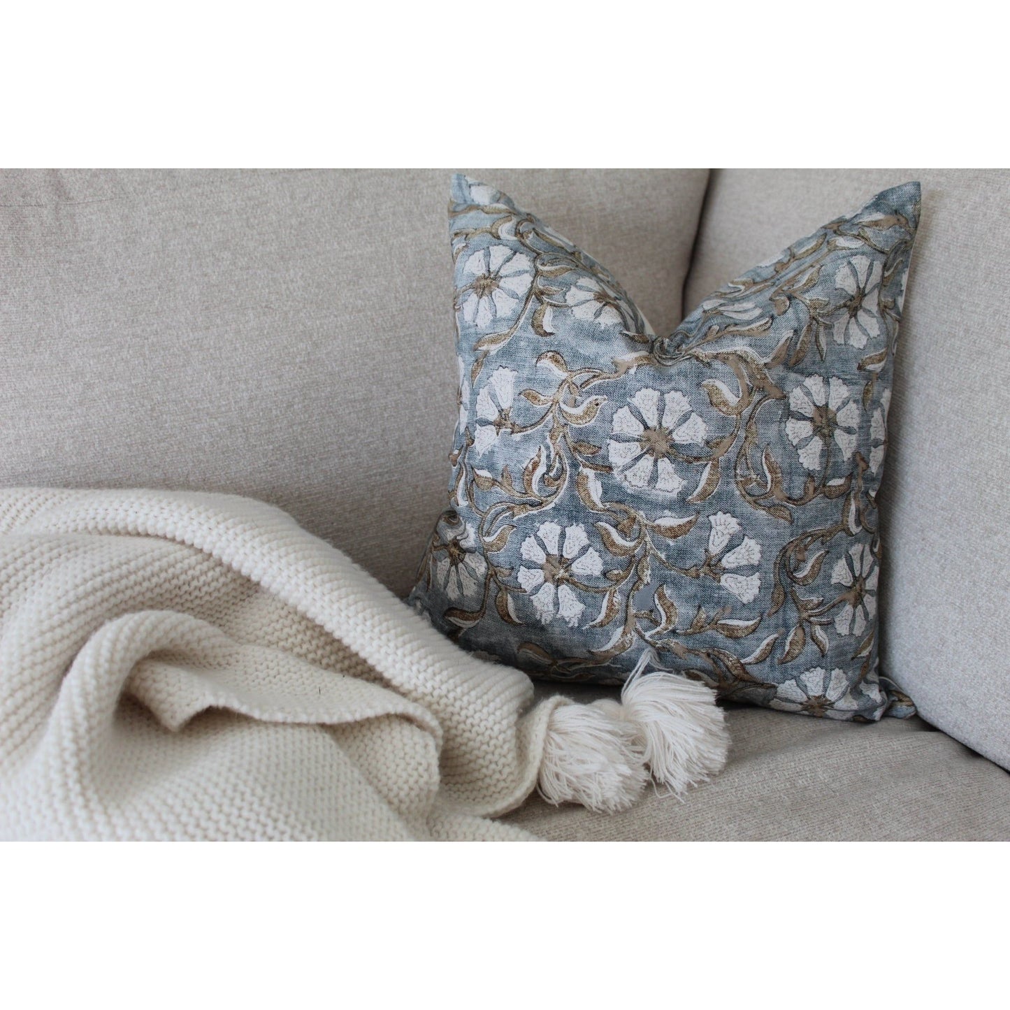 Floral blue French cotton cushion 45 x 45cm