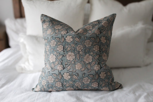 Teal floral print cotton cushion 45x45