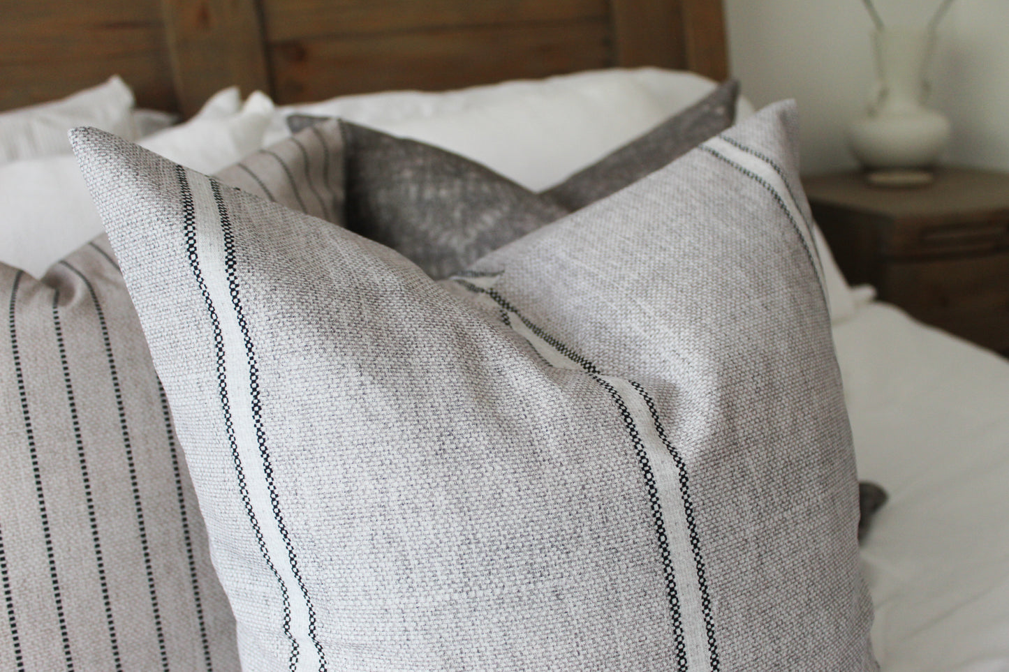Grey stripe cotton cushion with feather insert 45x45cm