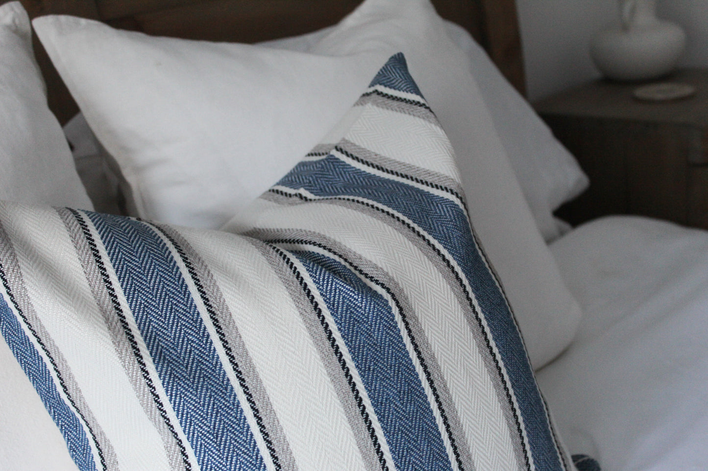 Navy stripe tweed effect cotton cushion 45x45cm