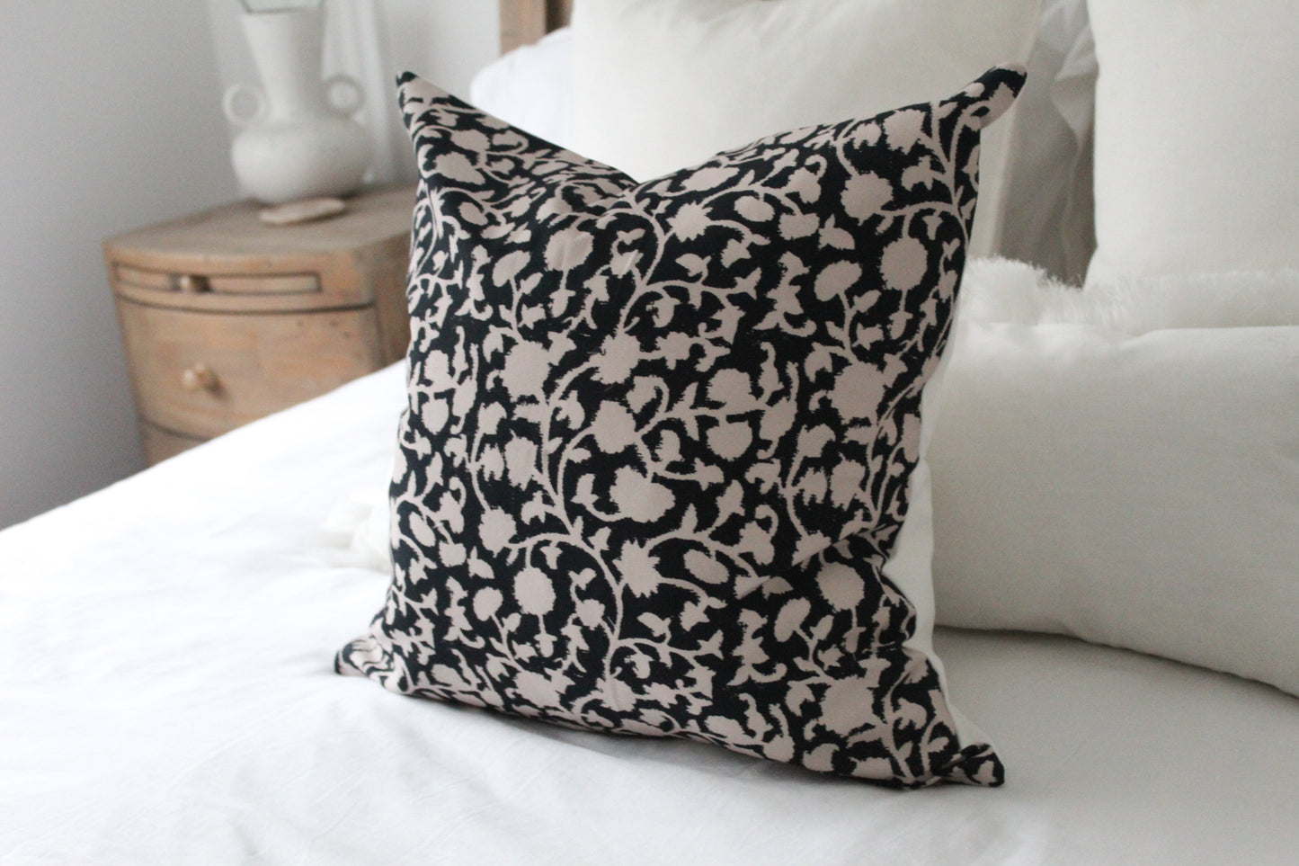Black floral patterned cotton cushion 45 x 45cm