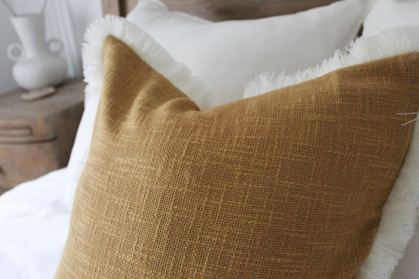 Mustard cream fringe trim cotton cushion 45 x 45cm