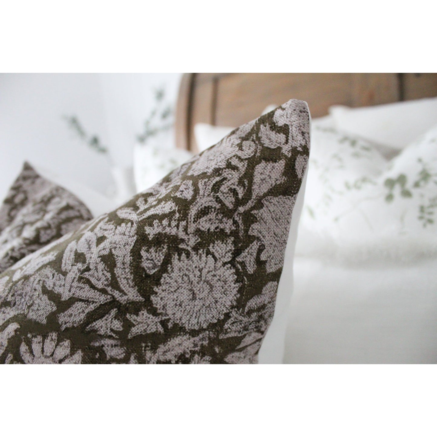 Green country style floral cotton cushion with duck feather insert 45 x 45cm