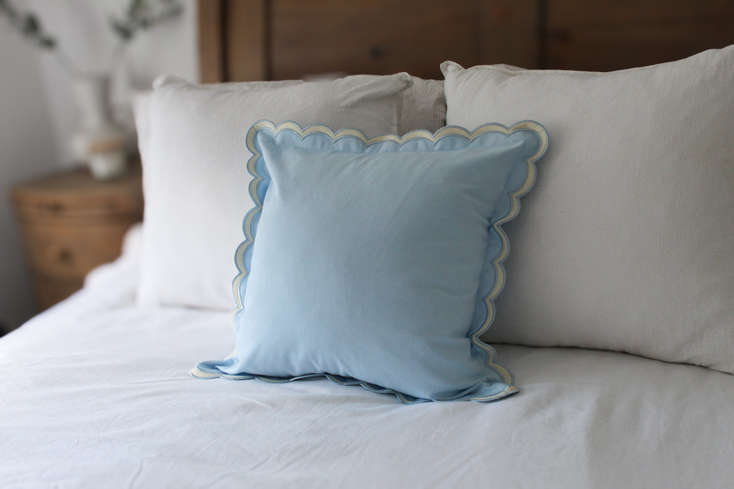 Blue scalloped edge cushion with duck feather insert 45x45cm