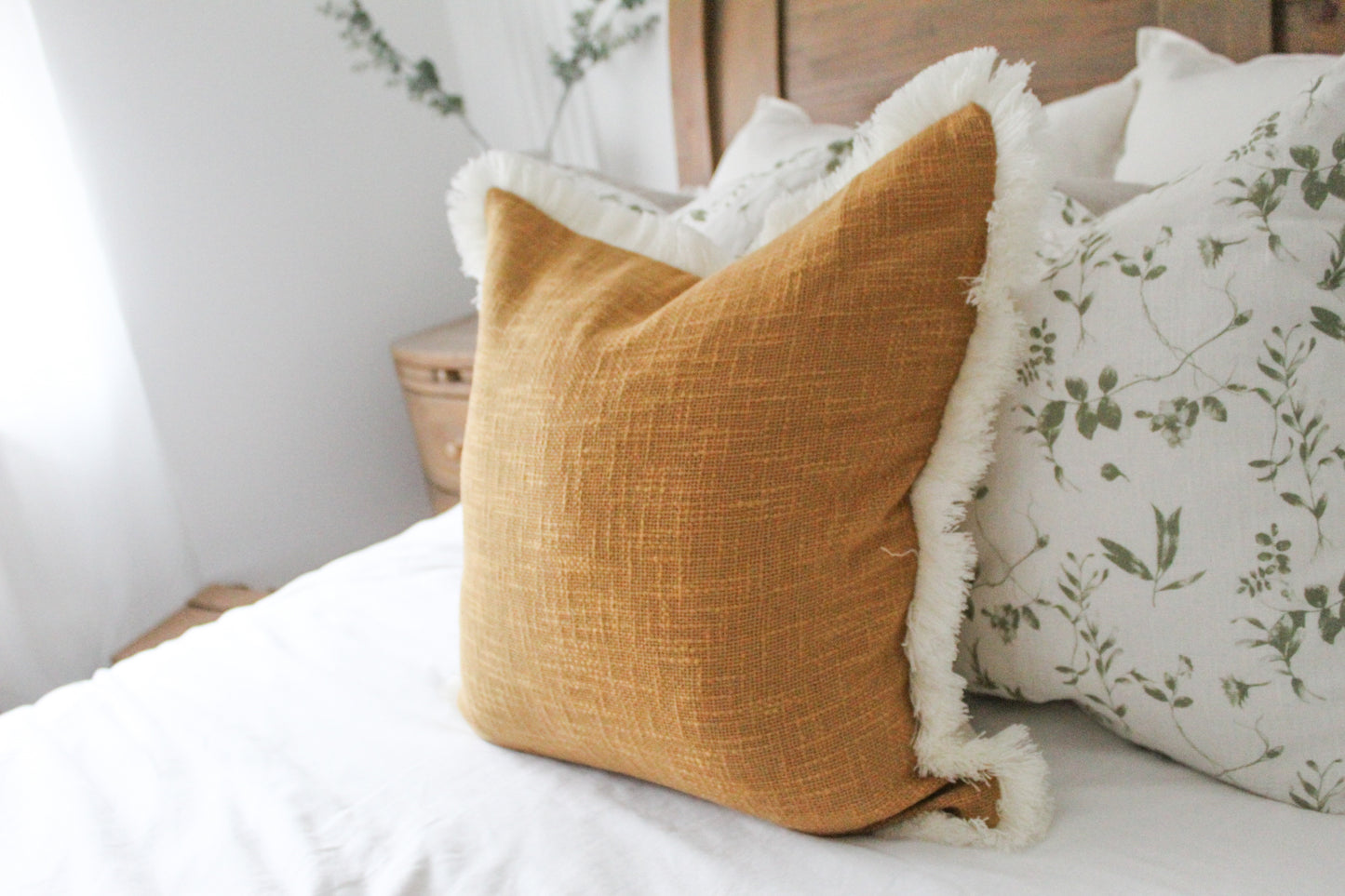 Mustard cream fringe trim cotton cushion 45 x 45cm