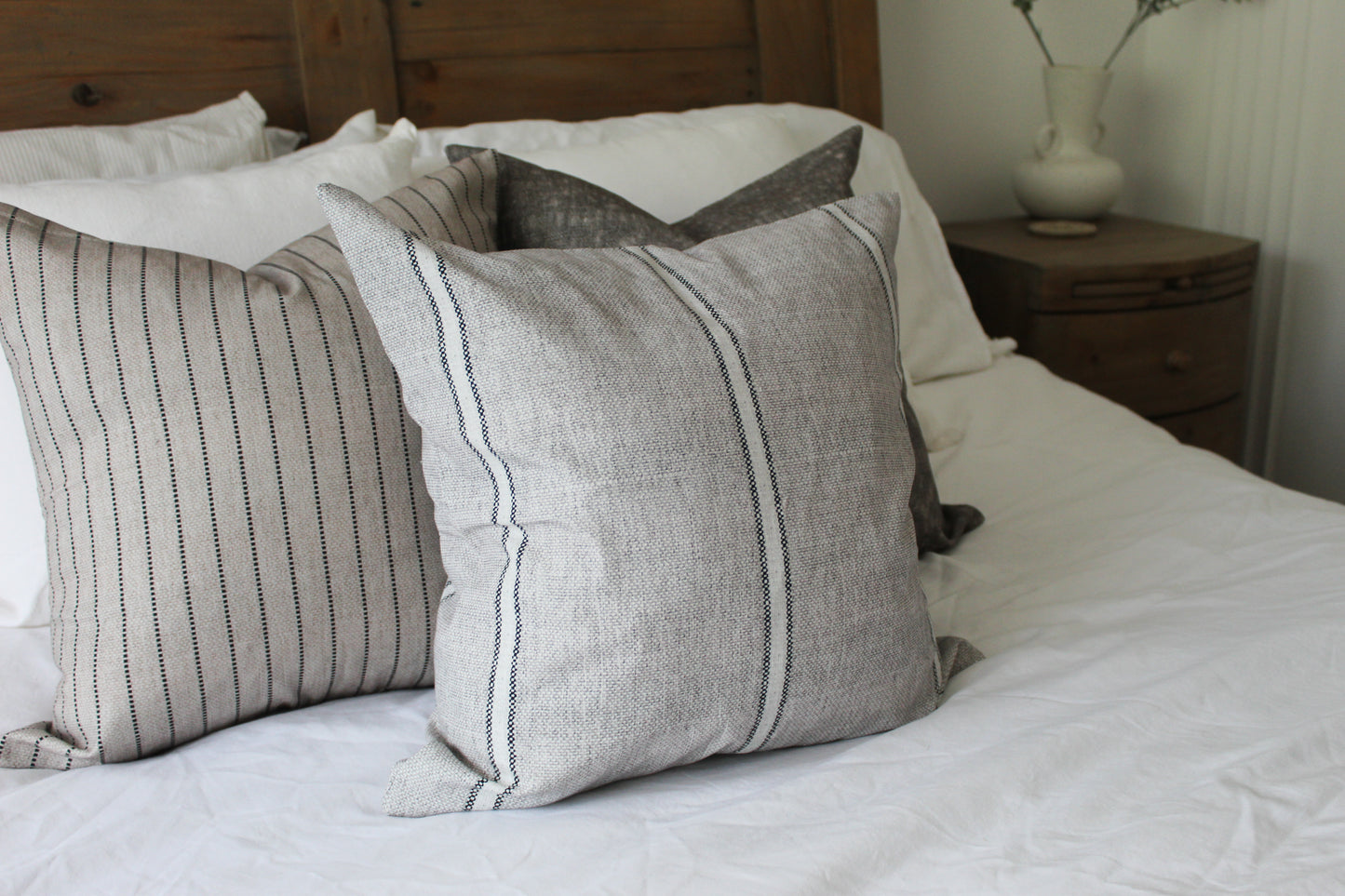 Grey stripe cotton cushion with feather insert 45x45cm