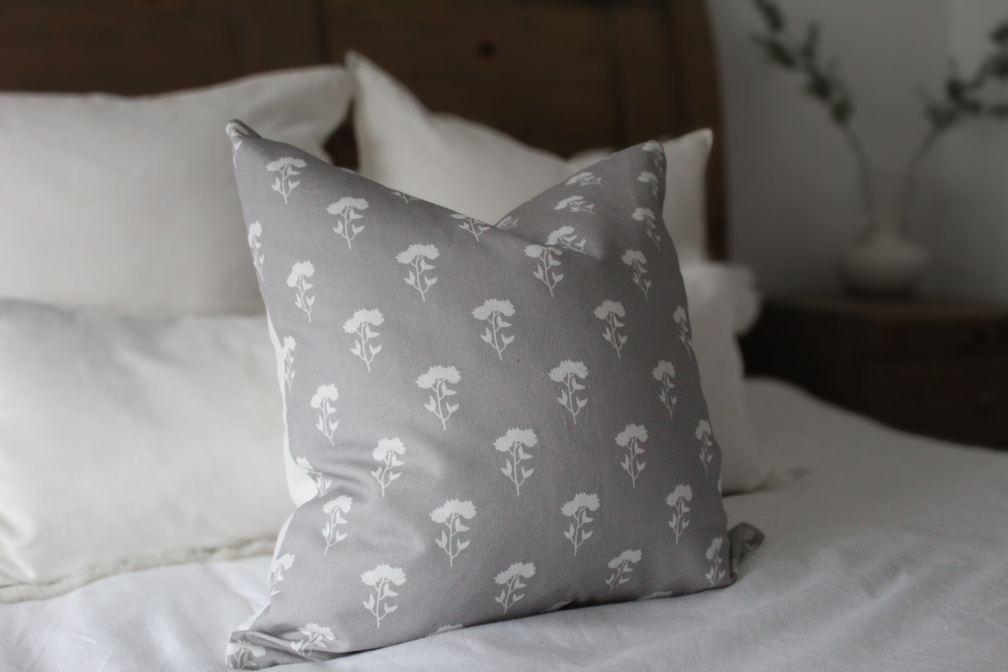 Grey and white floral print cotton cushion 45x45cm