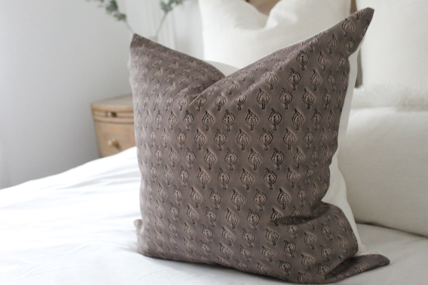 Leaf print brown cotton cushion 45x45cm