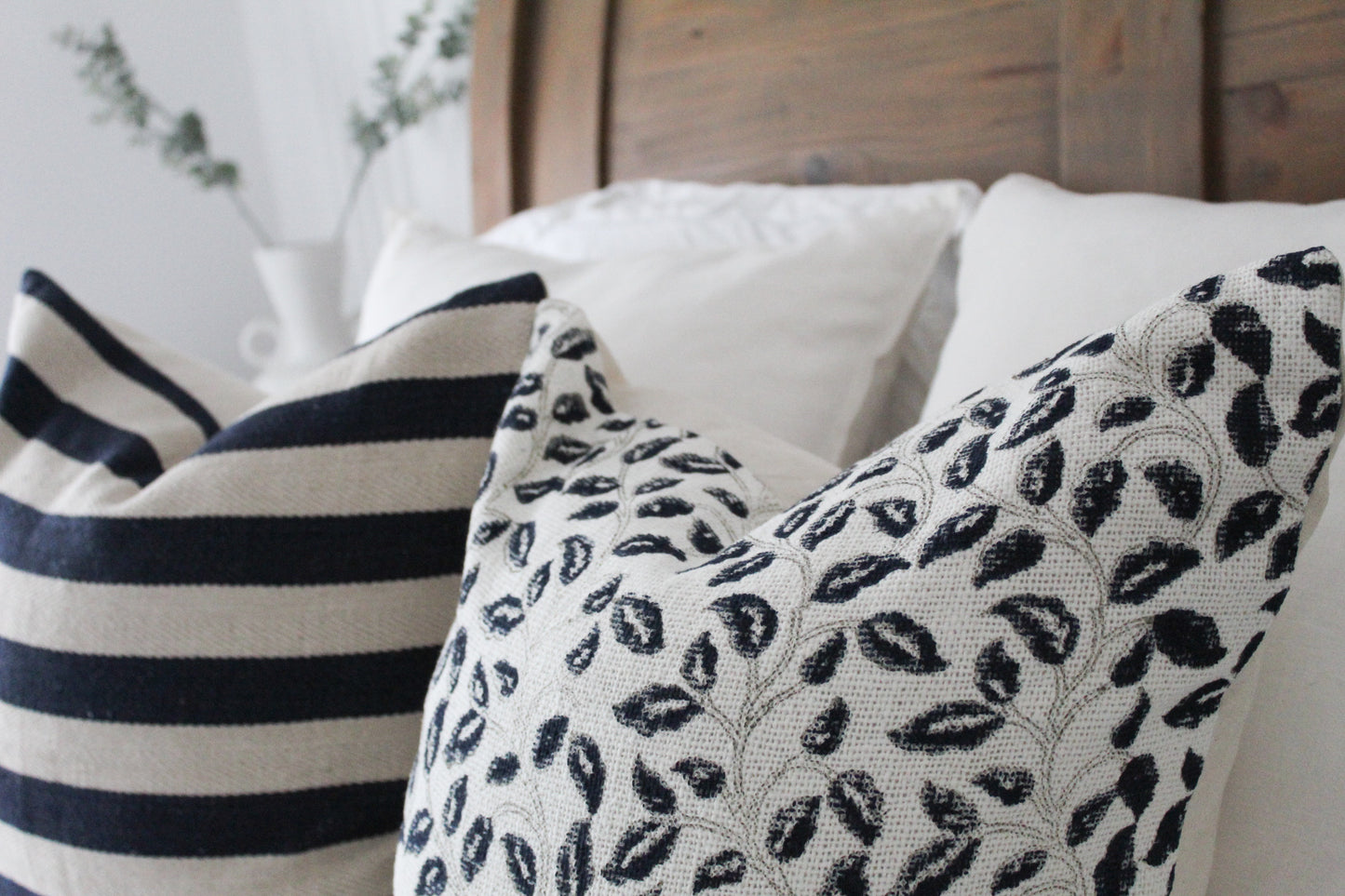 Floral print ivory and navy cotton country cushion 45x45cm