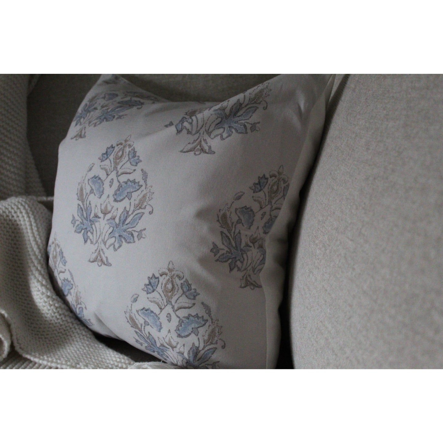 Light grey and blue cotton floral cushion 45 x 45cm