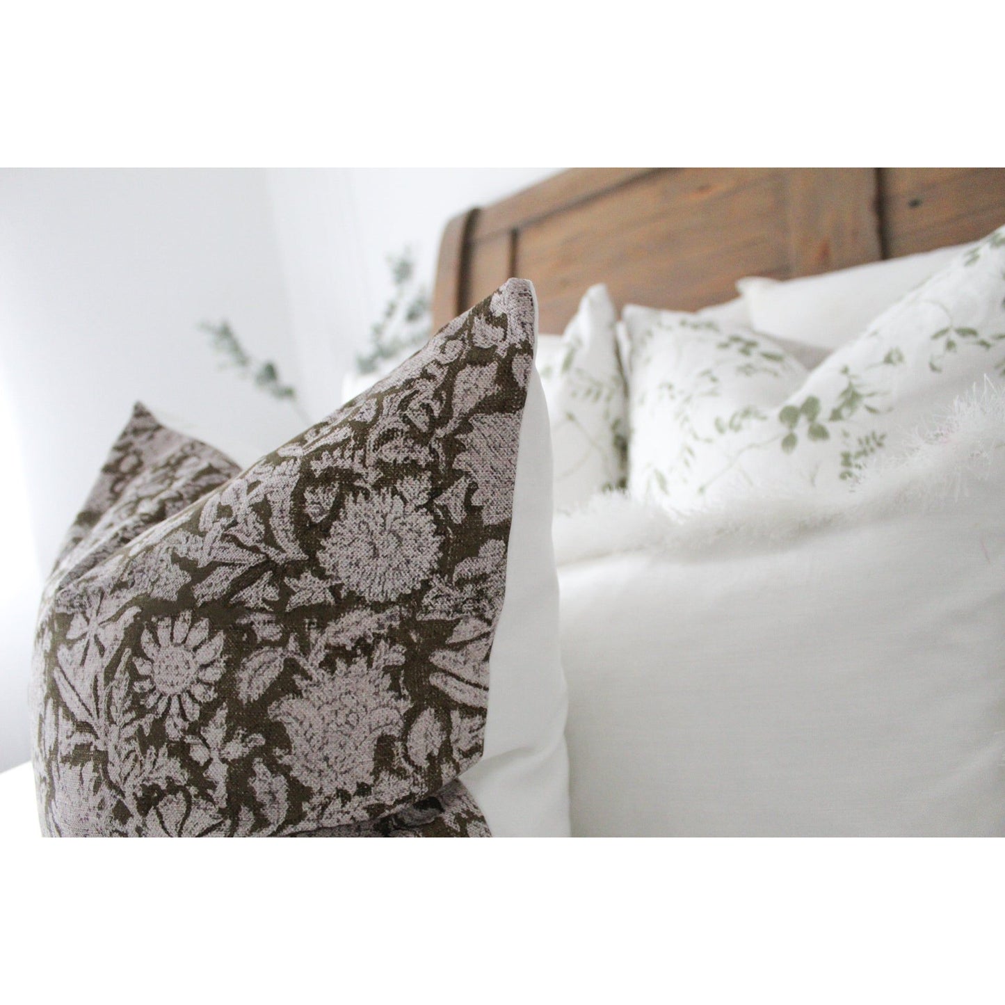 Green country style floral cotton cushion with duck feather insert 45 x 45cm