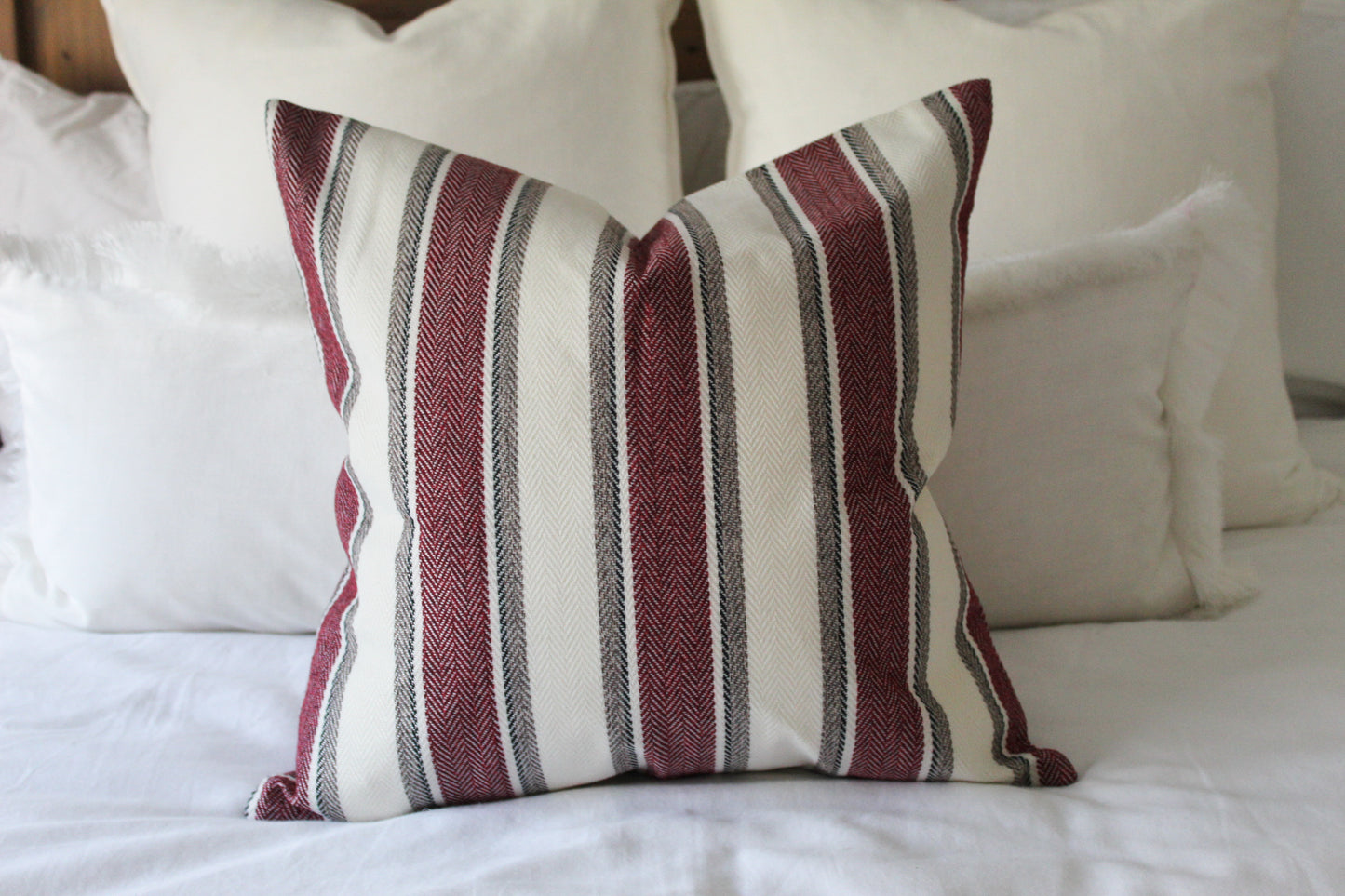 Red stripe tweed effect cotton cushion 45x45cm