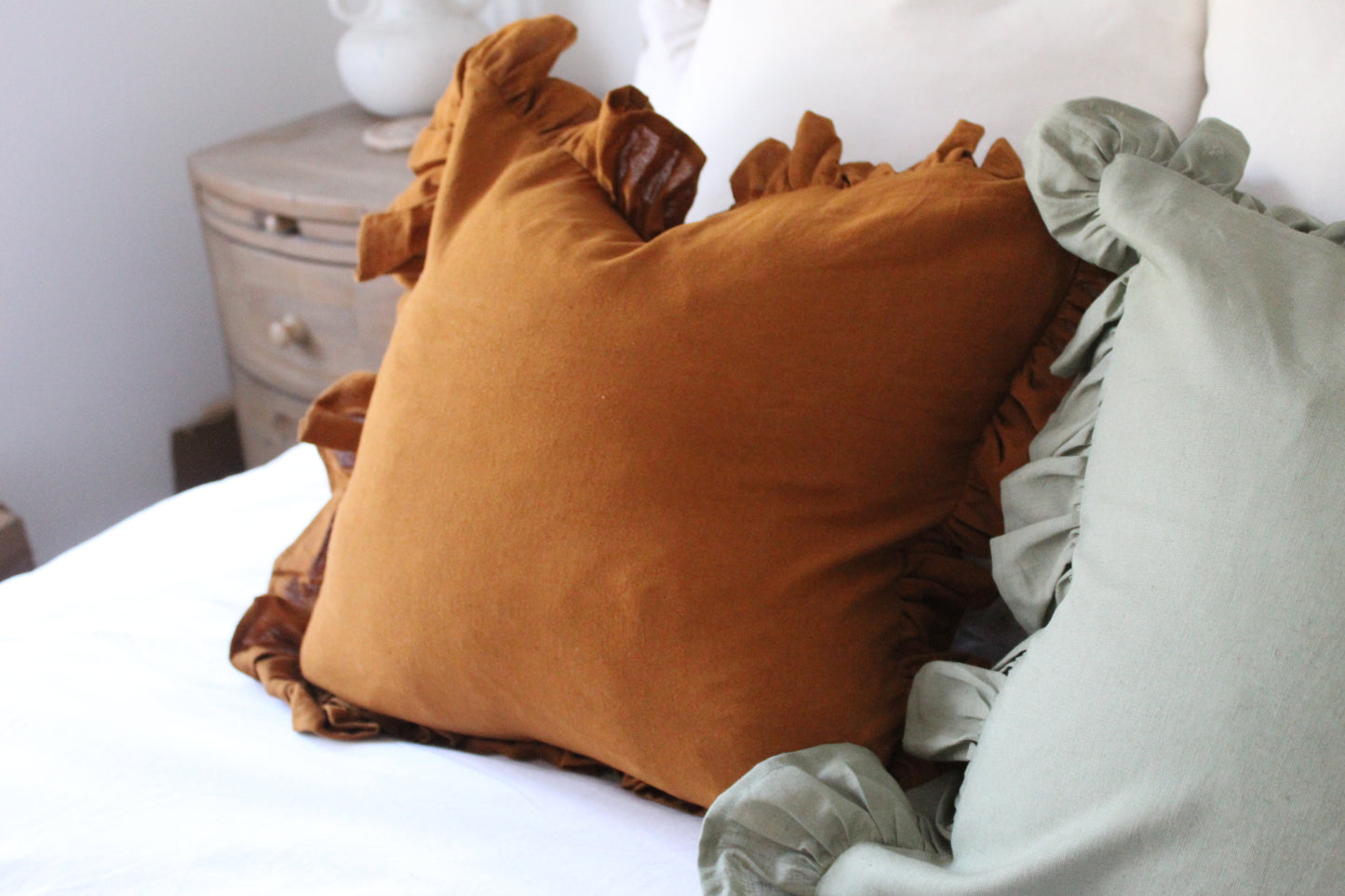Terracotta ruffle linen cushion 45 x 45cm
