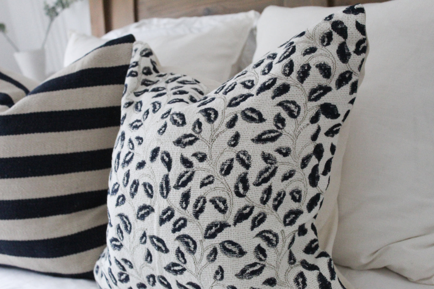 Floral print ivory and navy cotton country cushion 45x45cm