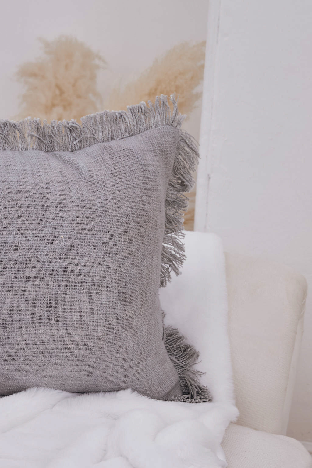 Grey Fringe Cotton Cushion Cover - Emilia