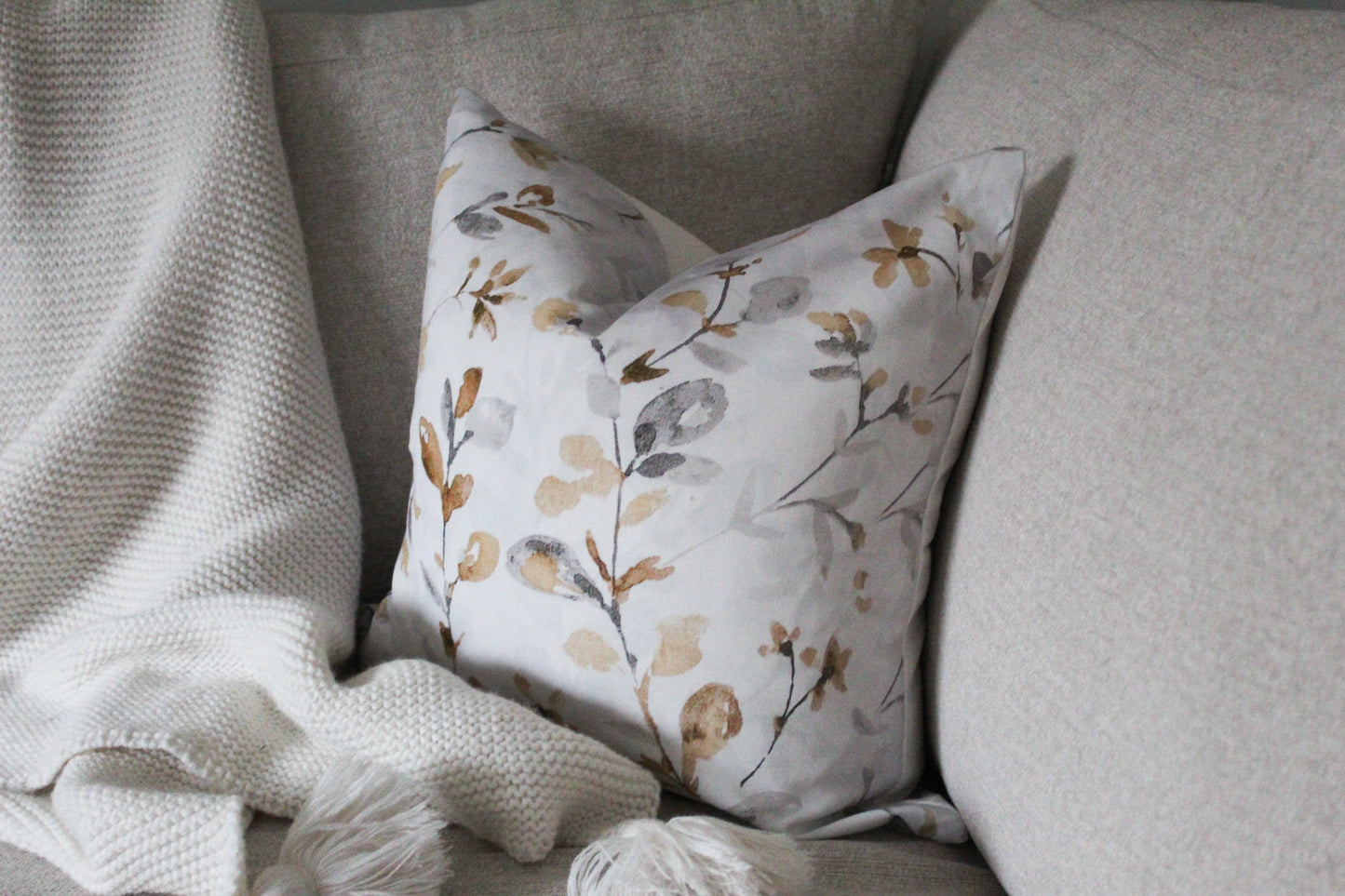 Light grey floral print cotton cushion 45 x 45cm