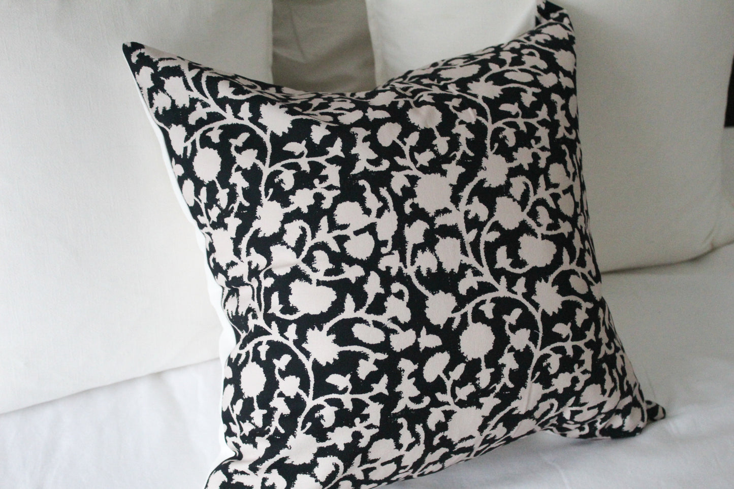 Black floral patterned cotton cushion 45 x 45cm