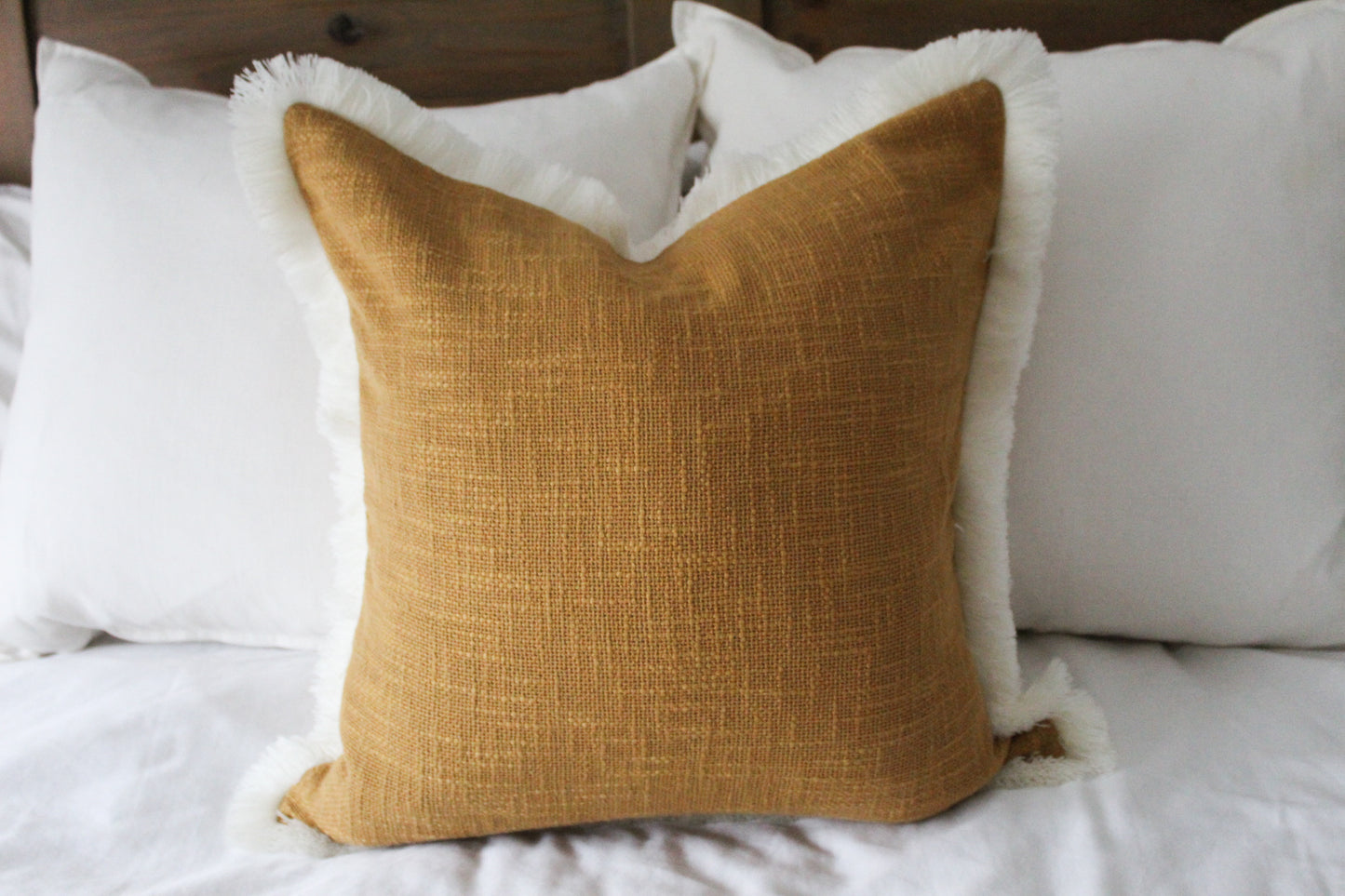 Mustard cream fringe trim cotton cushion 45 x 45cm