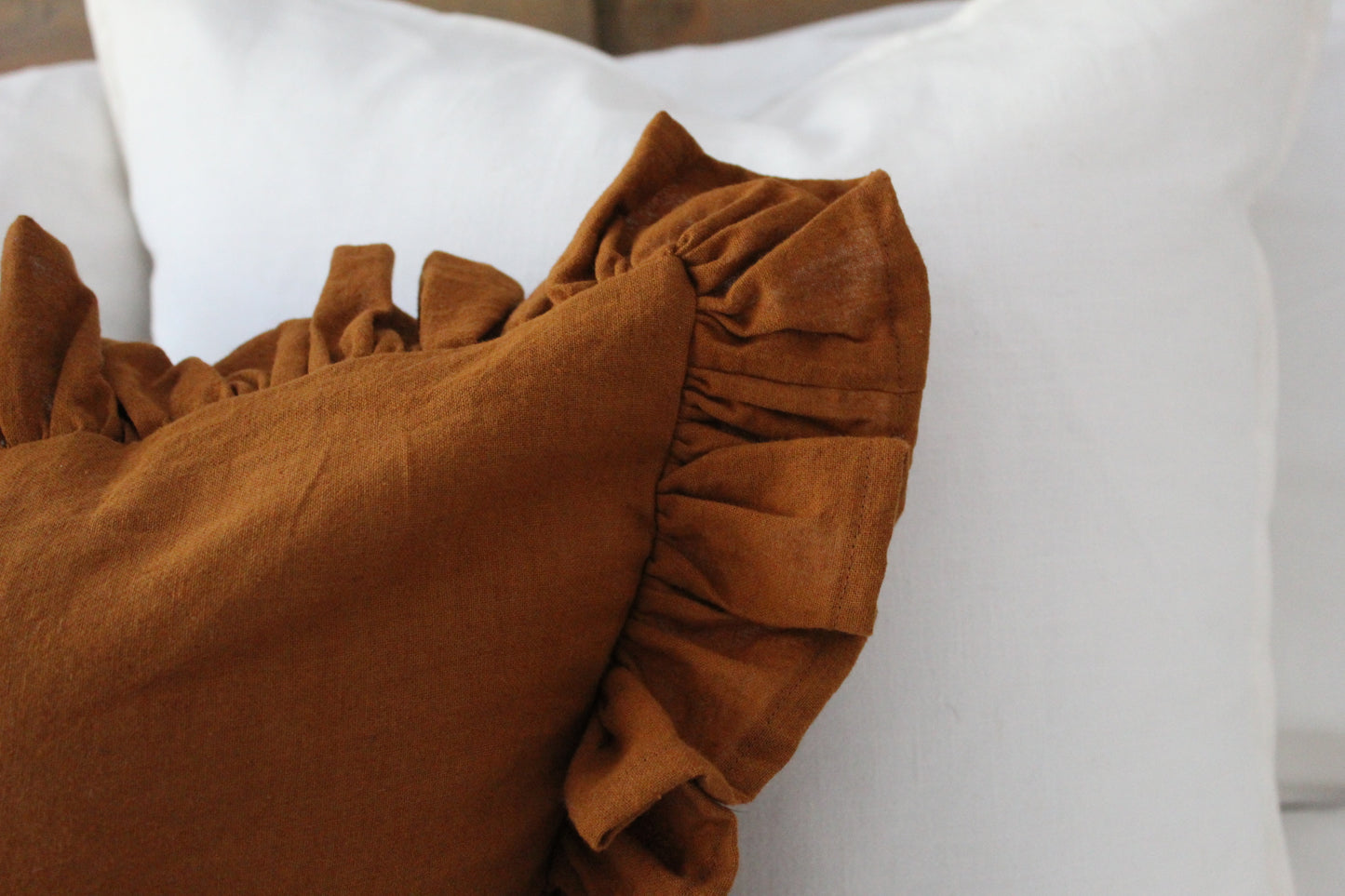 Terracotta ruffle linen cushion 45 x 45cm