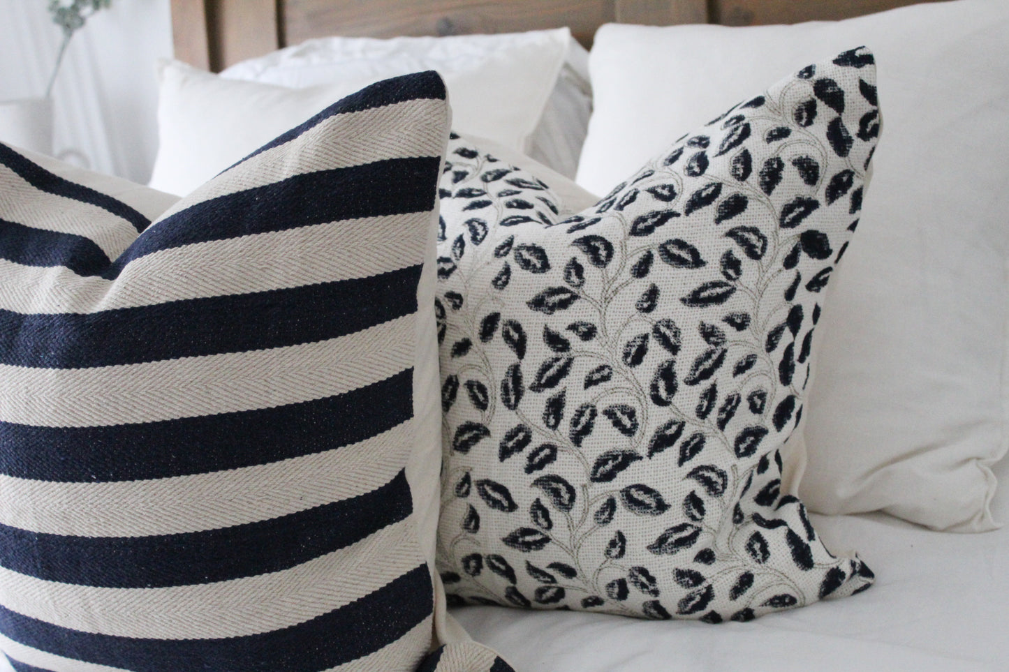 Floral print ivory and navy cotton country cushion 45x45cm