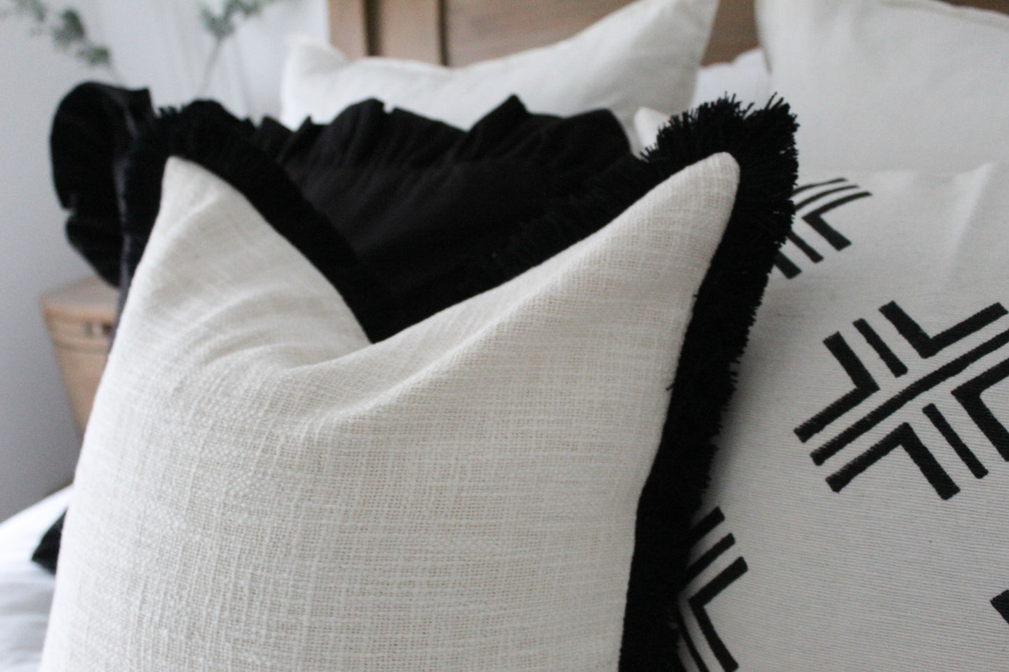Beige and Black Fringe cotton cushion with duck feather insert 45x45cm