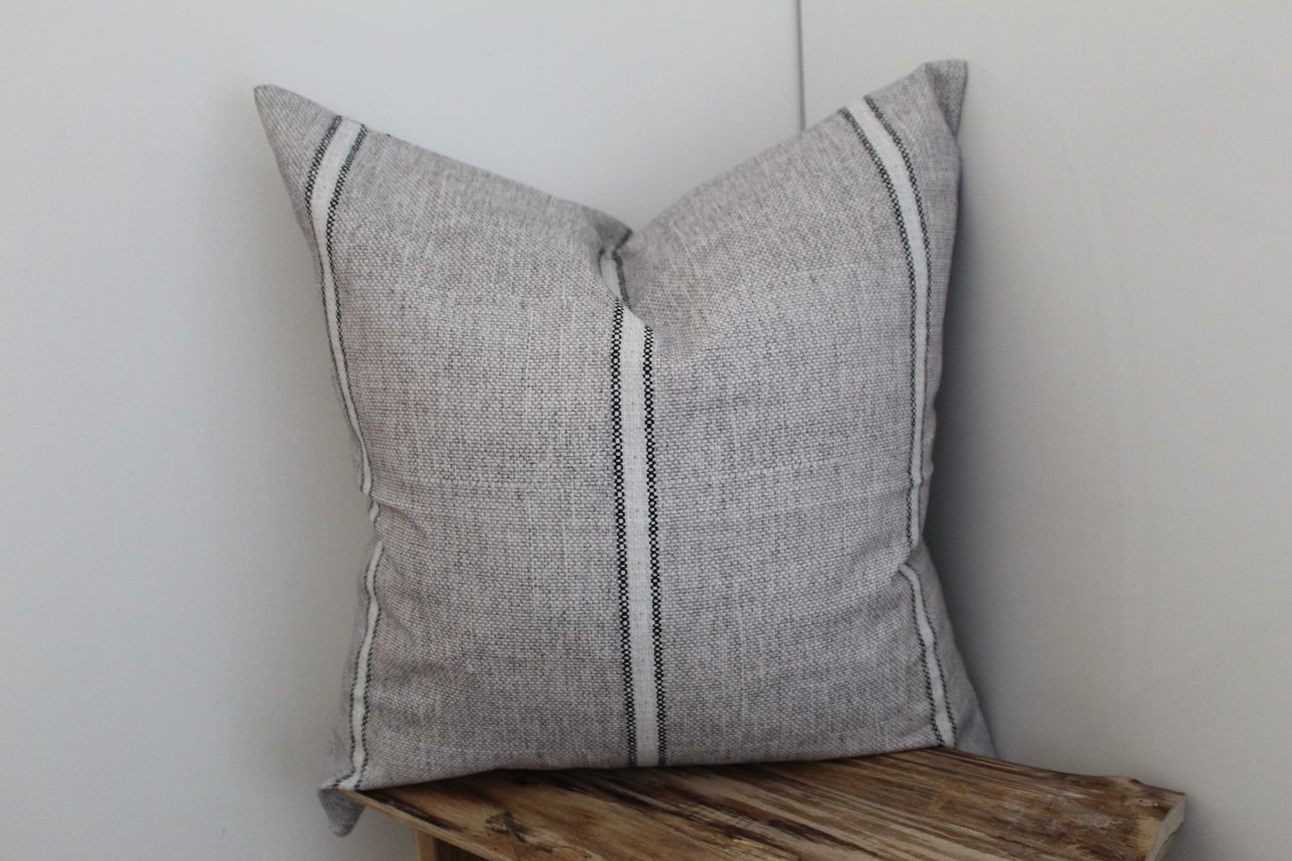 Grey stripe cotton cushion with feather insert 45x45cm