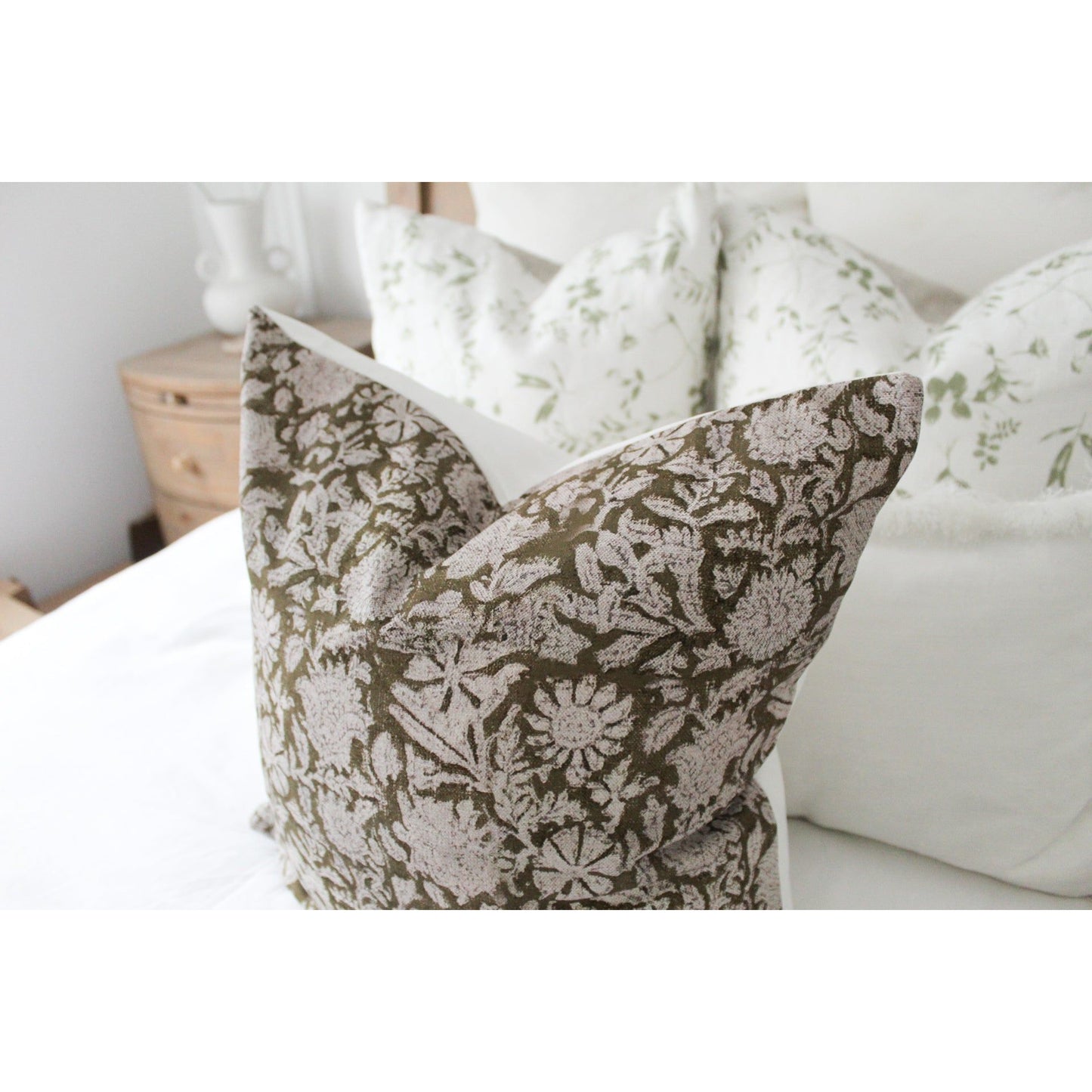 Green country style floral cotton cushion with duck feather insert 45 x 45cm