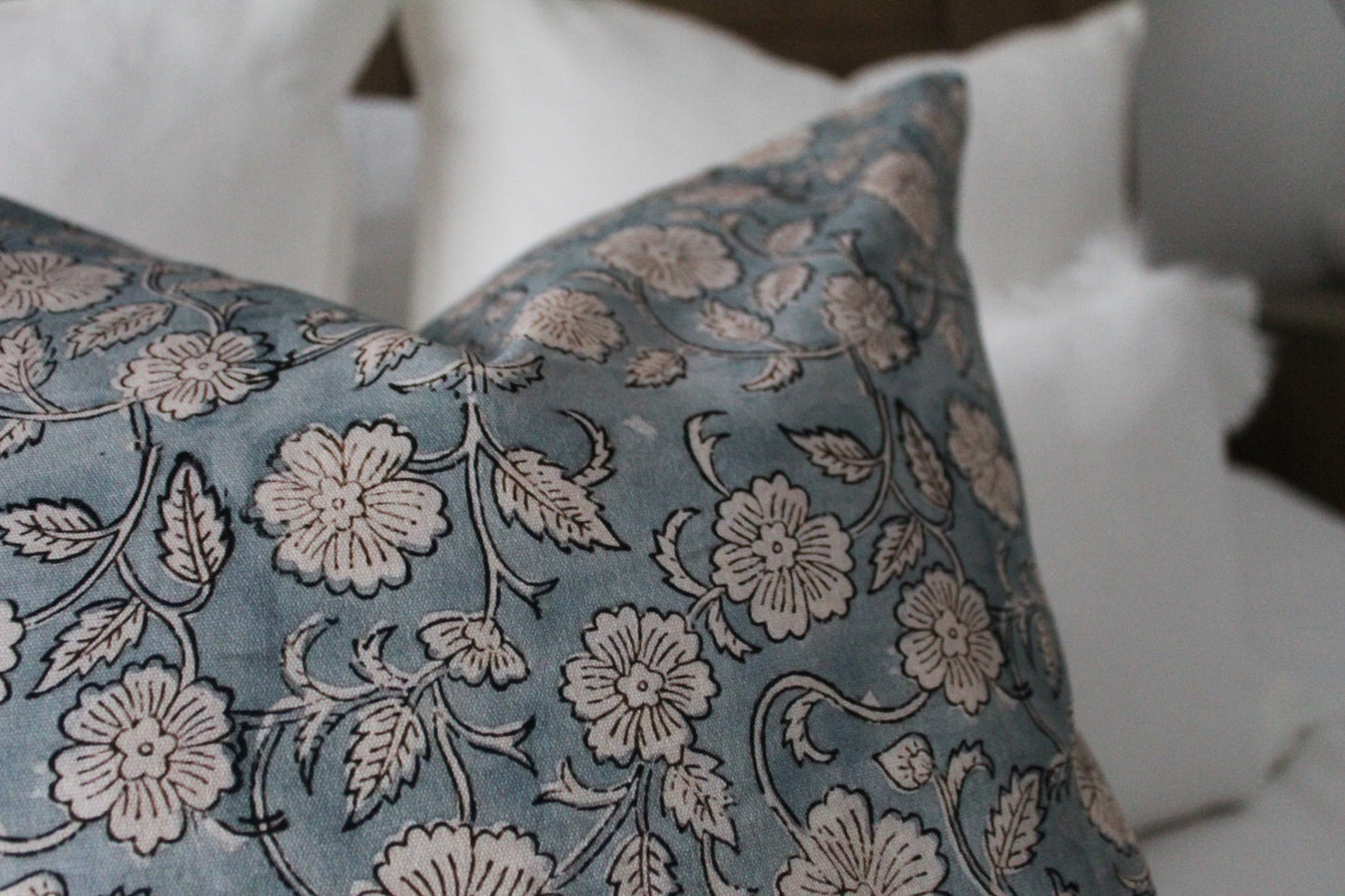 Teal floral print cotton cushion 45x45