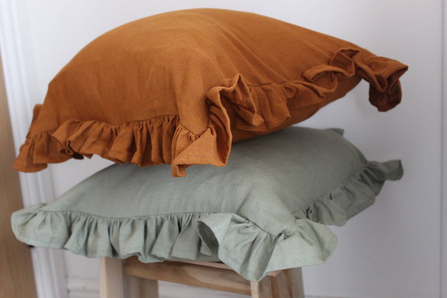 Terracotta ruffle linen cushion 45 x 45cm