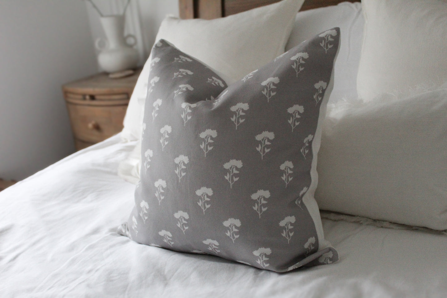Grey and white floral print cotton cushion 45x45cm