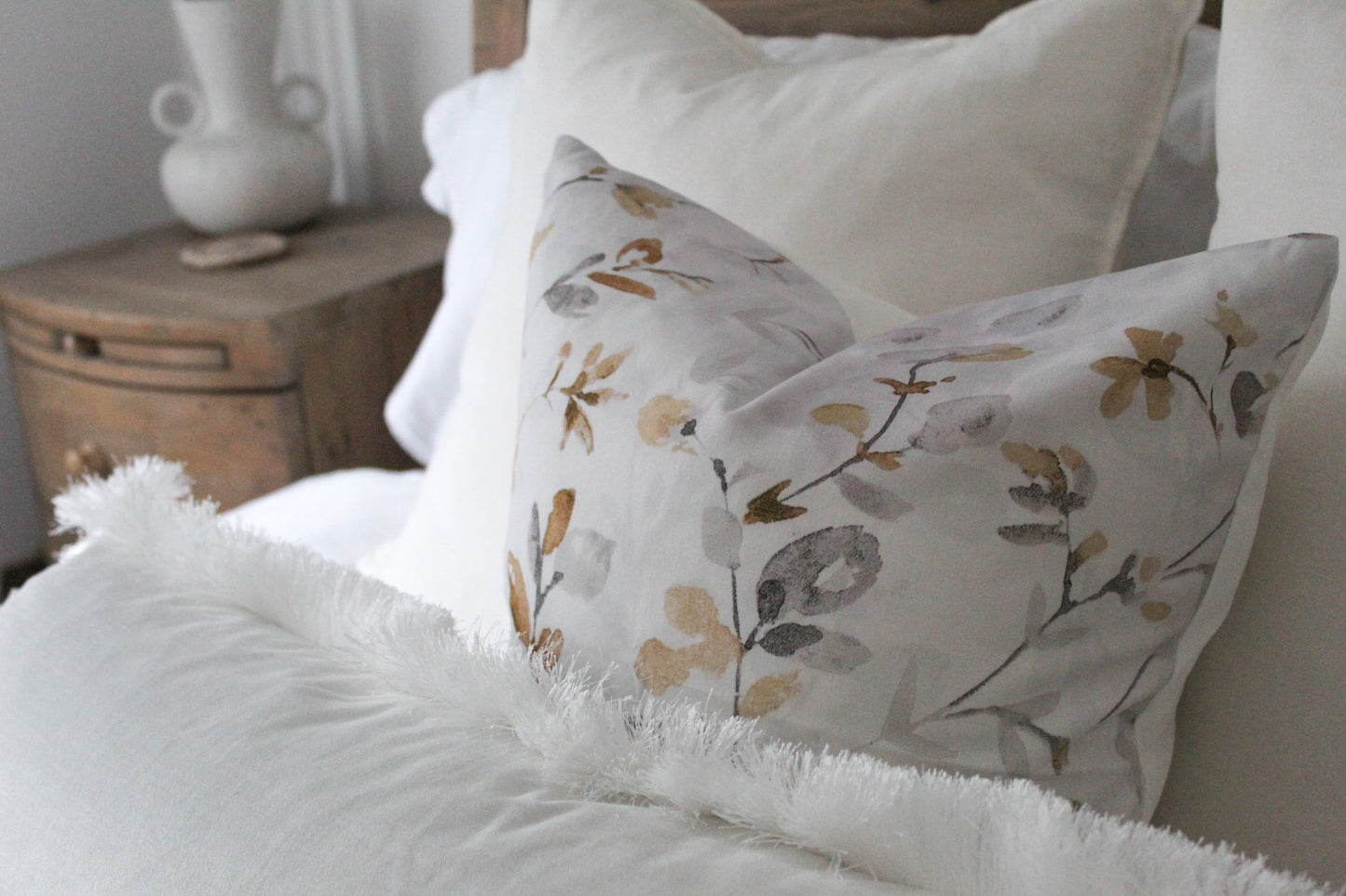 Light grey floral print cotton cushion 45 x 45cm