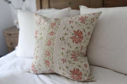Leaf print red cotton cushion with feather insert 50x50cm