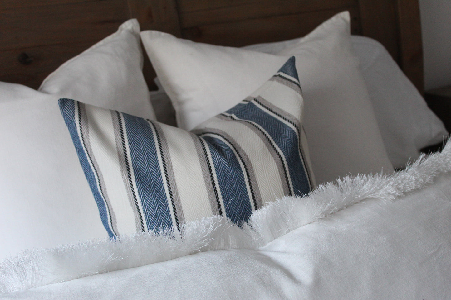 Navy stripe tweed effect cotton cushion 45x45cm