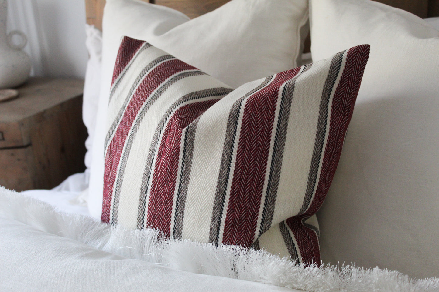 Red stripe tweed effect cotton cushion 45x45cm
