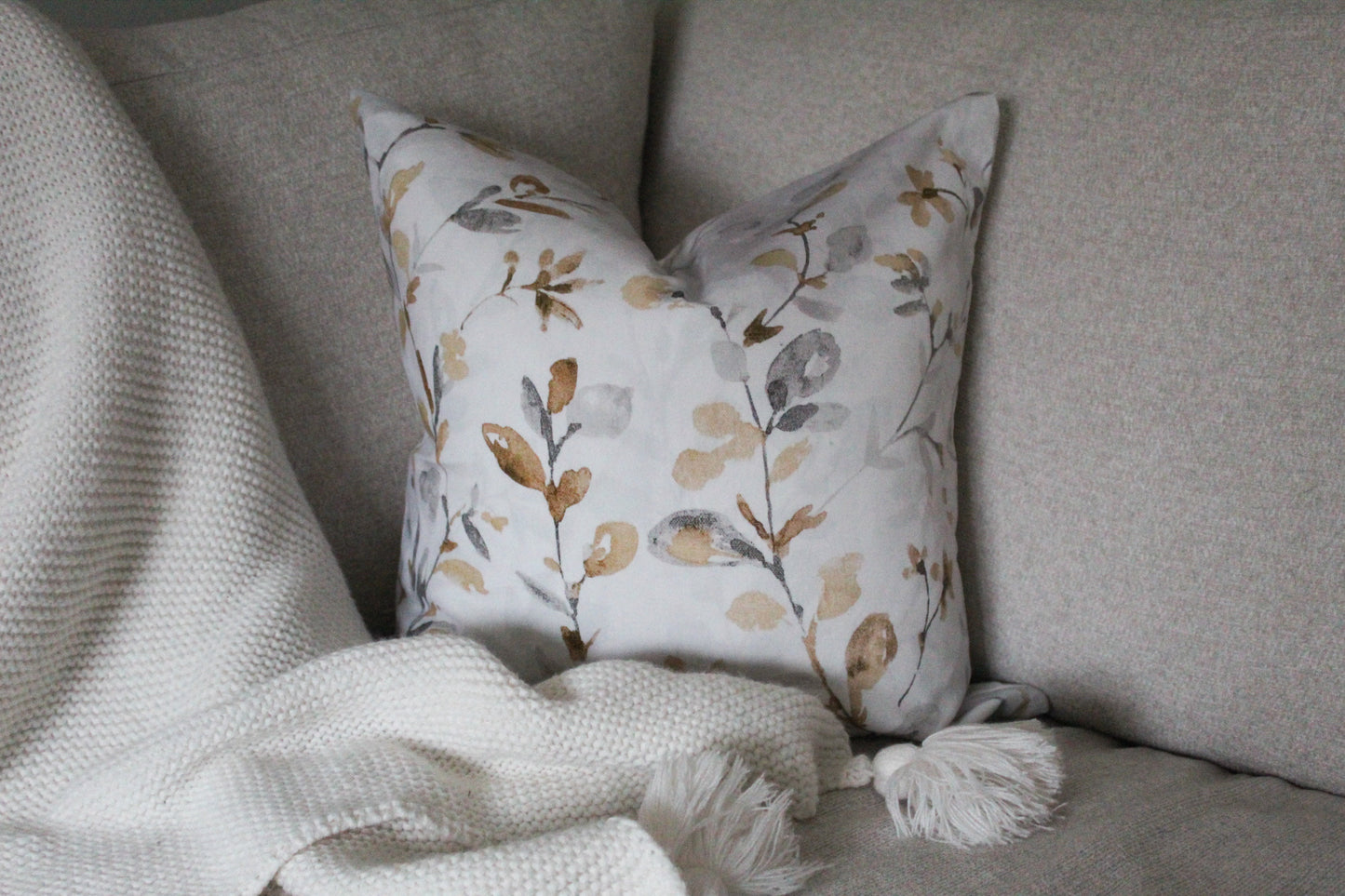 Light grey floral print cotton cushion 45 x 45cm