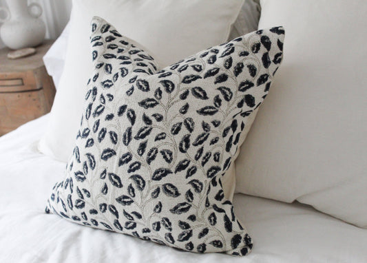 Floral print ivory and navy cotton country cushion 45x45cm
