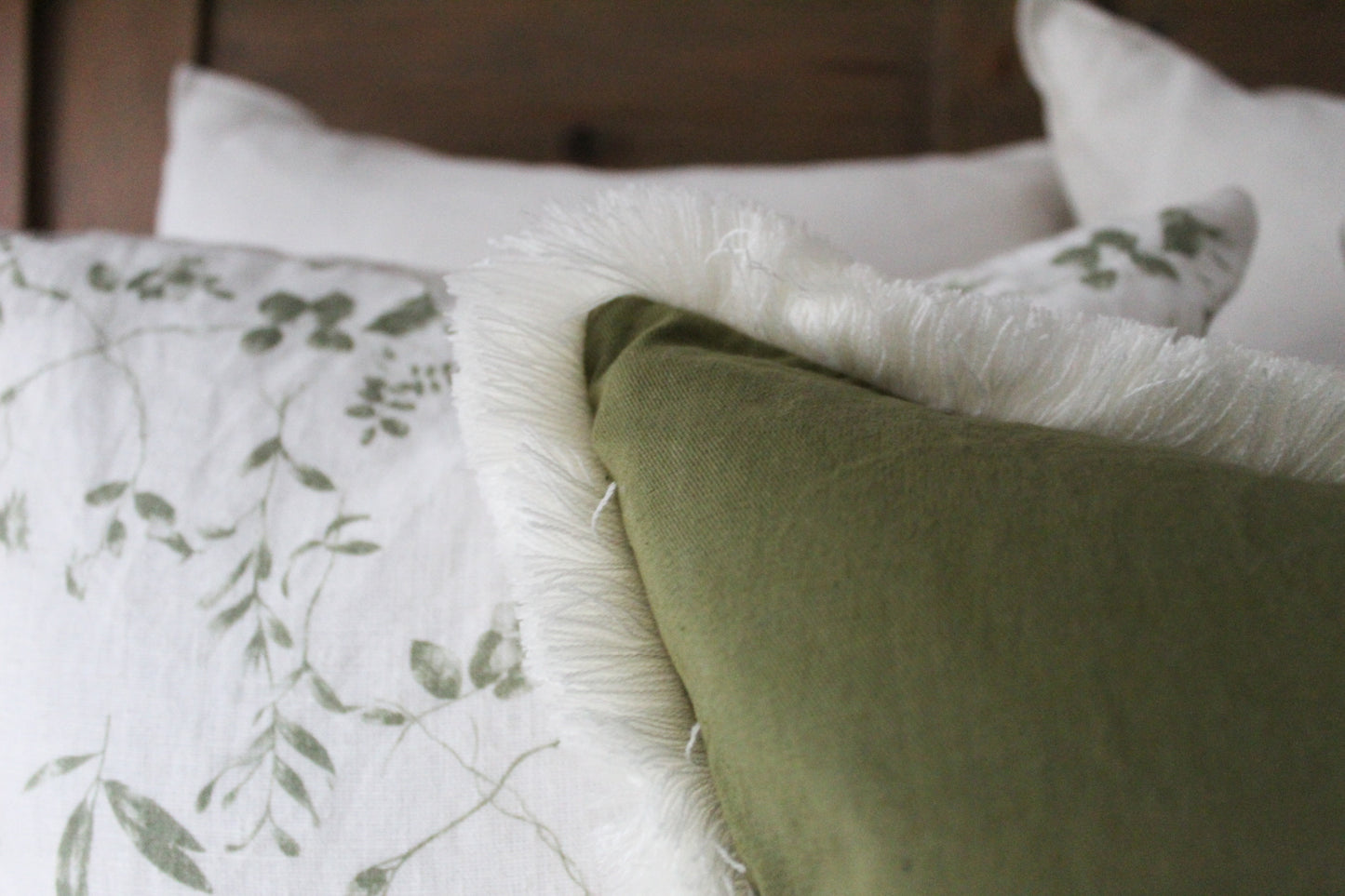 Olive cream fringe trim cotton cushion 45 x 45cm