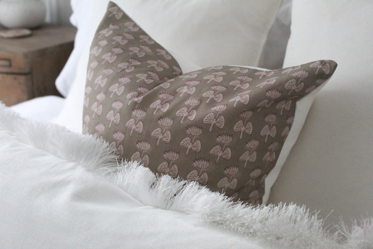 Brown and pink bow cotton cushion 45 x 45cm