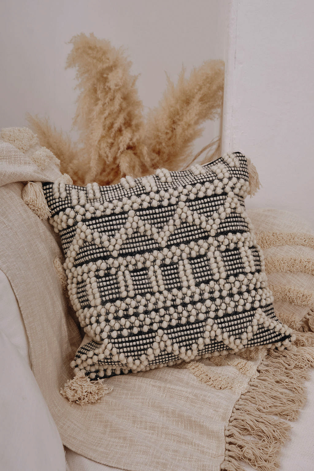 Black Tassel Handloom Cotton Cushion with tassels 45x45cm
