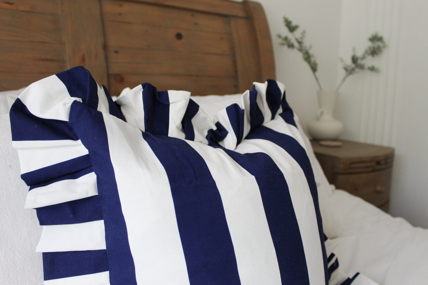 Ruffle navy stripe cotton cushion with duck feather inset 45x45cm