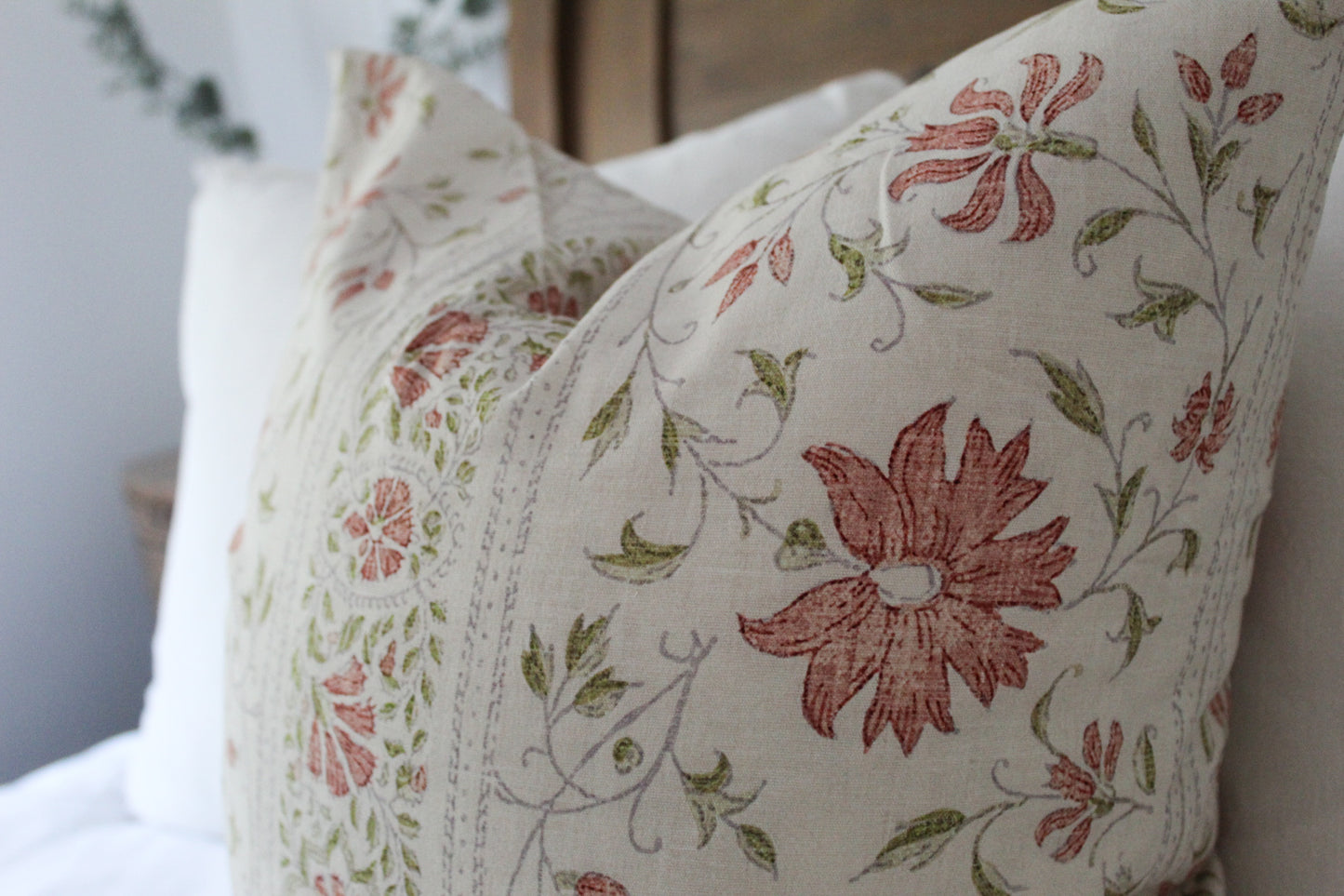 Leaf print red cotton cushion with feather insert 50x50cm