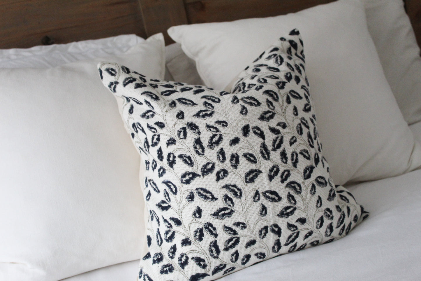 Floral print ivory and navy cotton country cushion 45x45cm