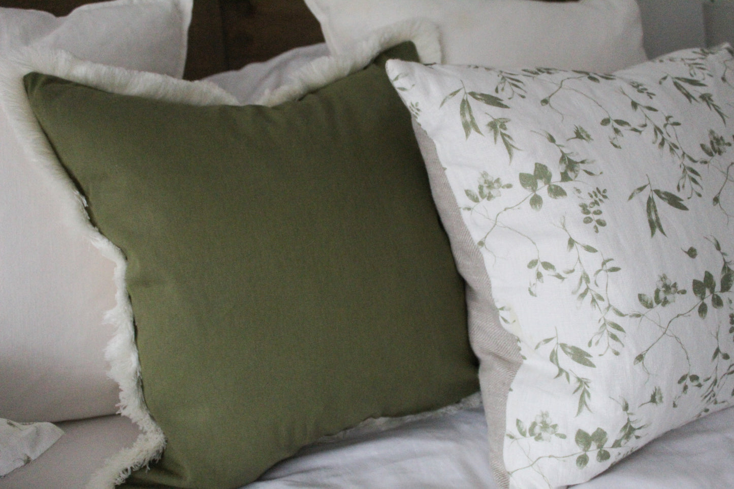 Olive cream fringe trim cotton cushion 45 x 45cm